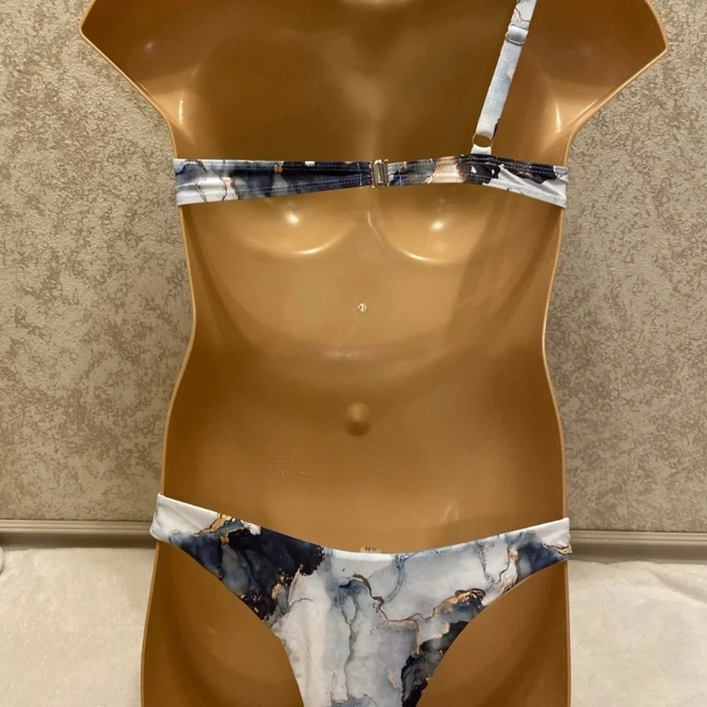 SHEIN Marble Print Bikini in Black, White, and Tan